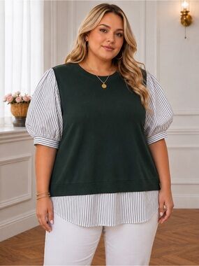 LOFT Mixed Media Knit Top Green White Stripe XXL 100% Cotton